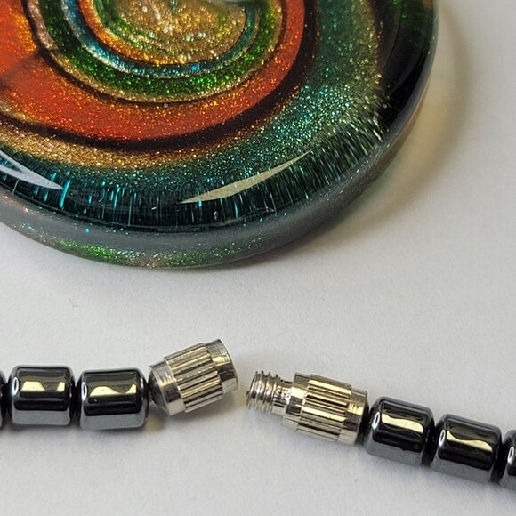 Hematite Necklace Murano Glass Rainbow Twirl Pendant - Picture 2 of 11